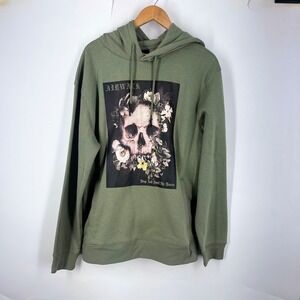 Airwalk Mens Olive Green Skull Rose Graphic Hoodie Pullover Sweatshirt Large